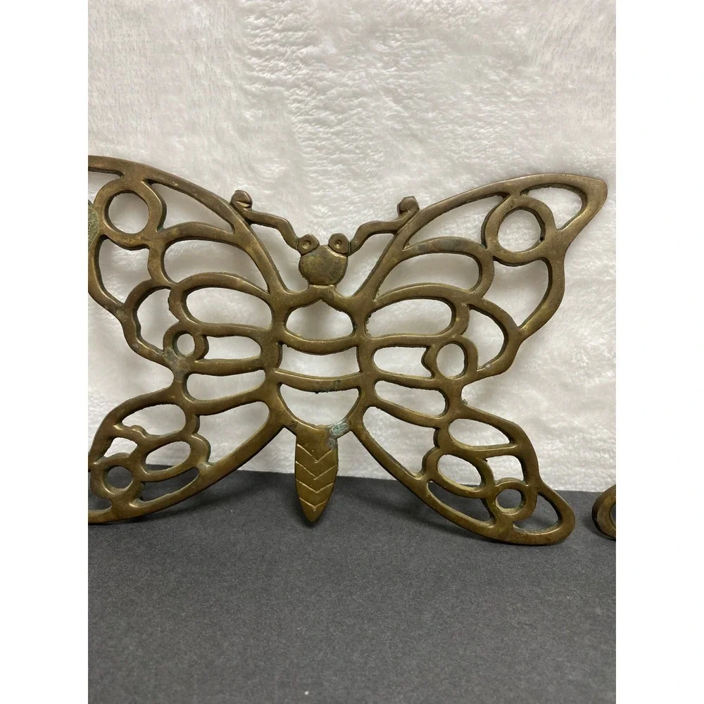 VTG Pair of Brass Butterfly Trivets Hot Plates MCM Pot Holder Wall‎ Decor